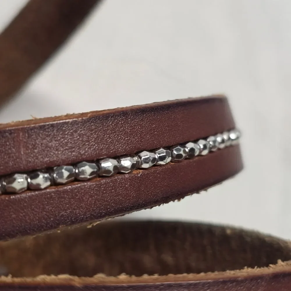 American Eagle Outfitters AEO Brown Genuine Leather Silver Beaded Skinny Belt XS